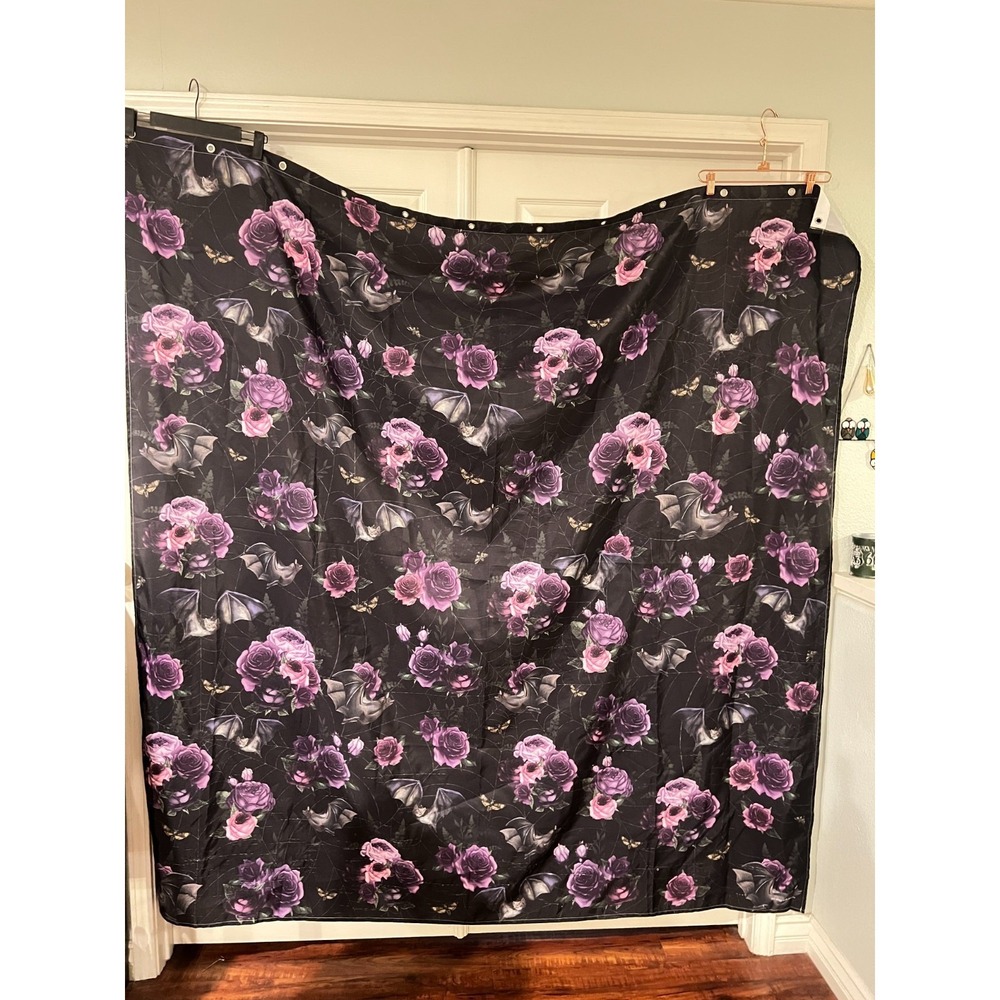 Life After Death Black Purple Bat Bug Spiderweb Goth Shower Curtain Witch‎ Dark